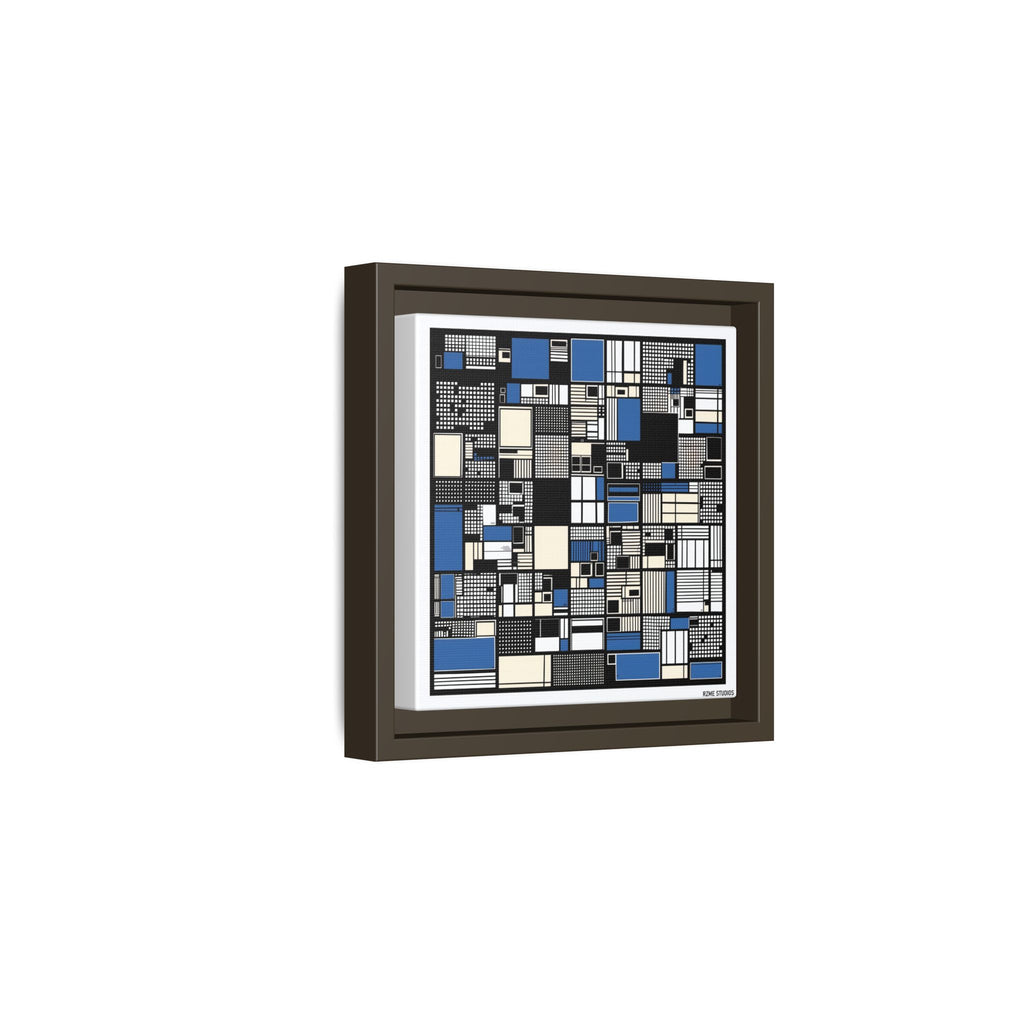 Modern Geometric Abstract Framed Canvas — Blue & Black Grid Art