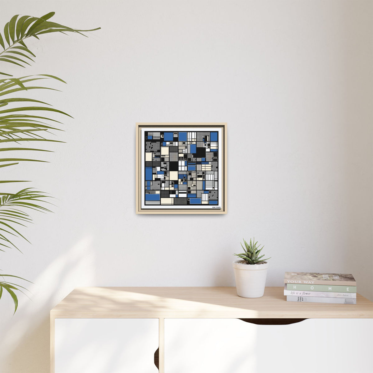 Modern Geometric Abstract Framed Canvas — Blue & Black Grid Art