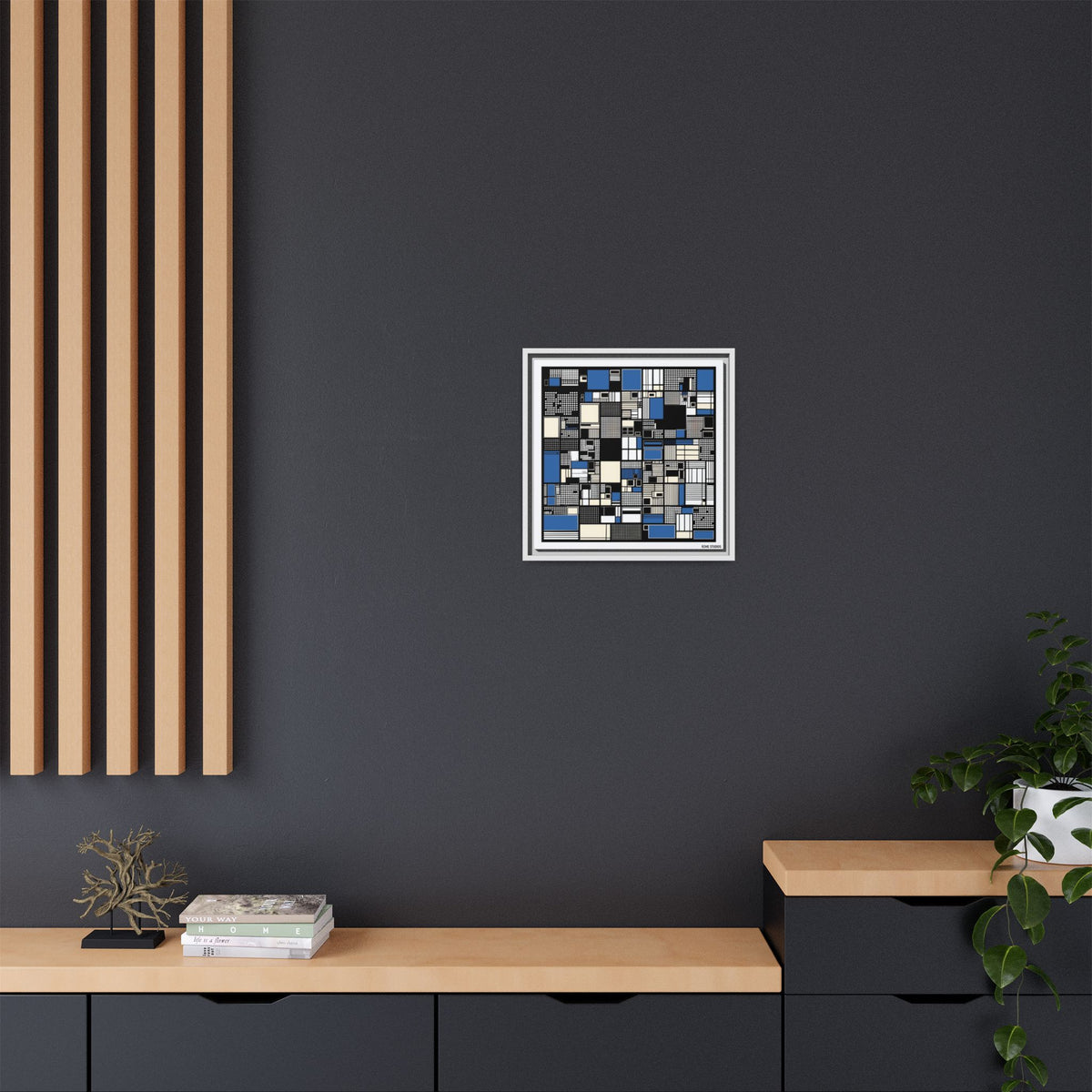 Modern Geometric Abstract Framed Canvas — Blue & Black Grid Art