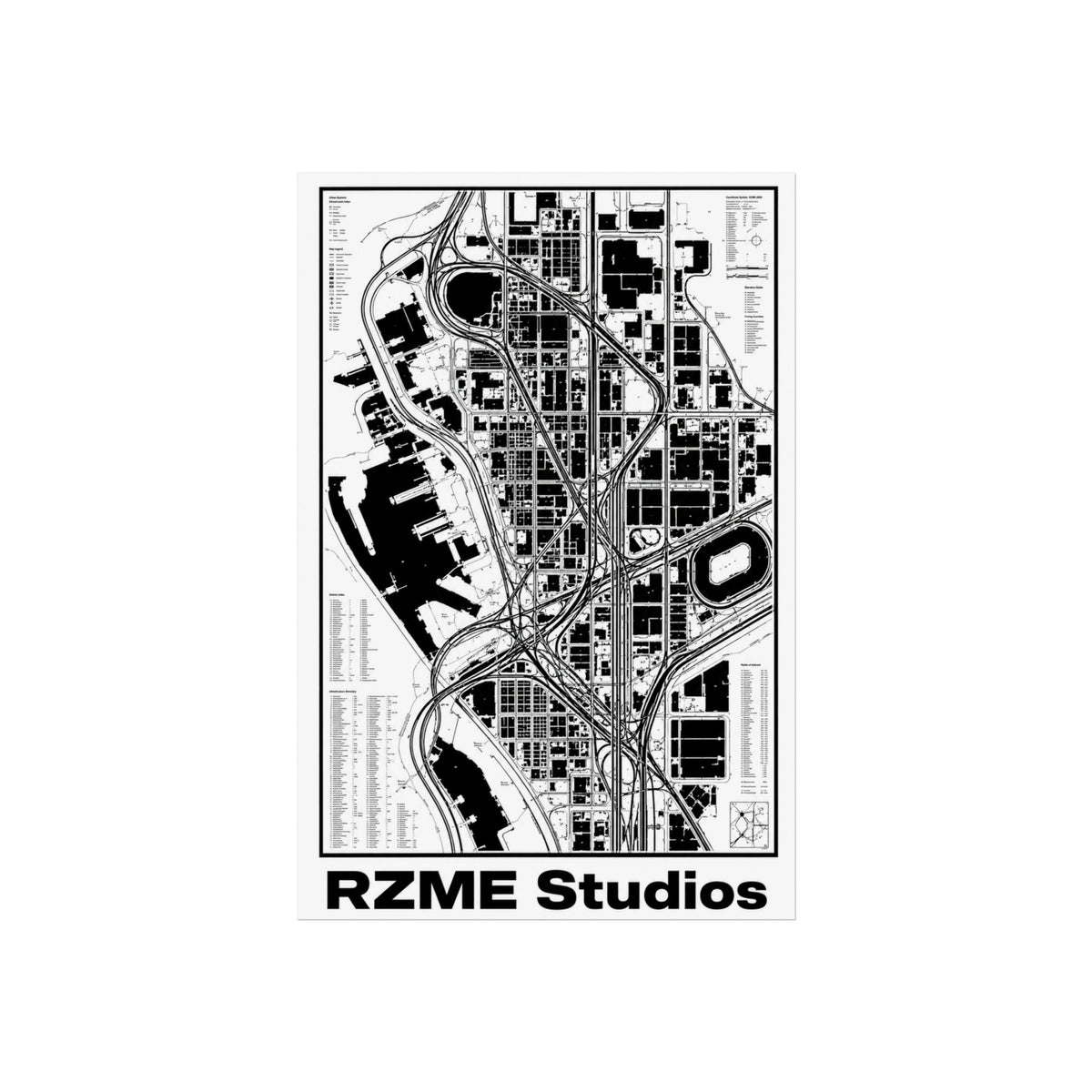 City Map Art Poster — Black & White Urban Blueprint by RZME Studios