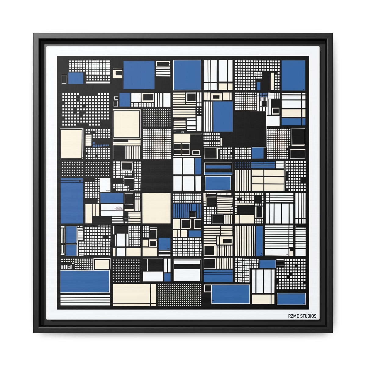 Modern Geometric Abstract Framed Canvas — Blue & Black Grid Art