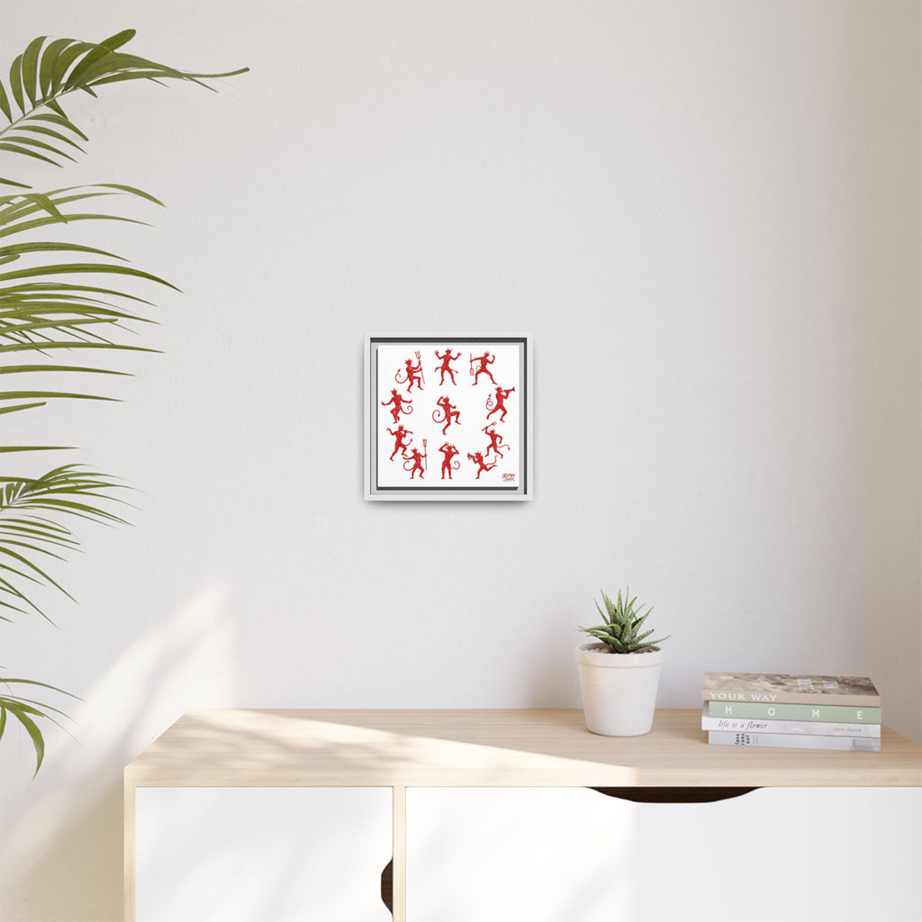 Red Devil Pattern Framed Canvas Art — Playful Halloween Wall Decor