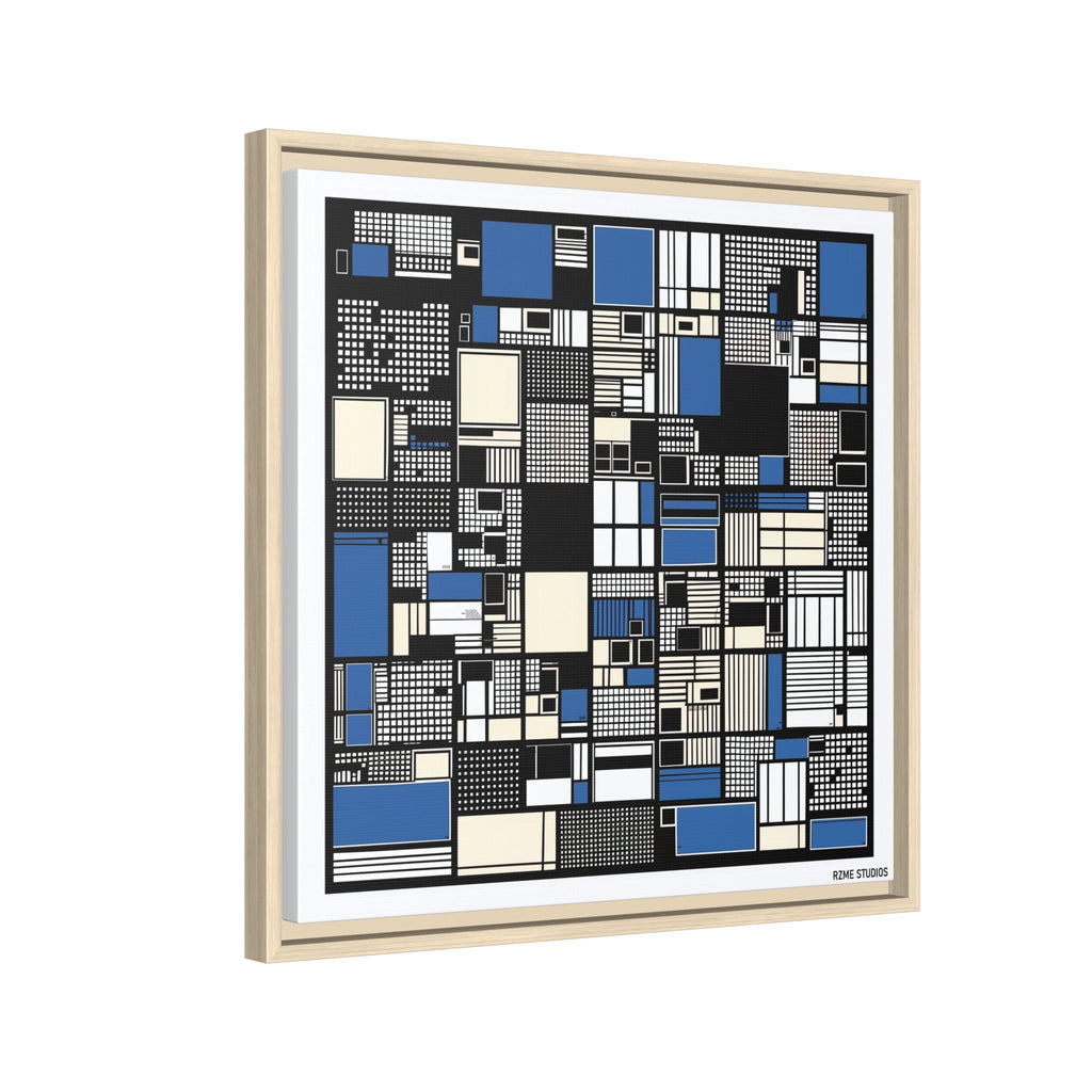 Modern Geometric Abstract Framed Canvas — Blue & Black Grid Art