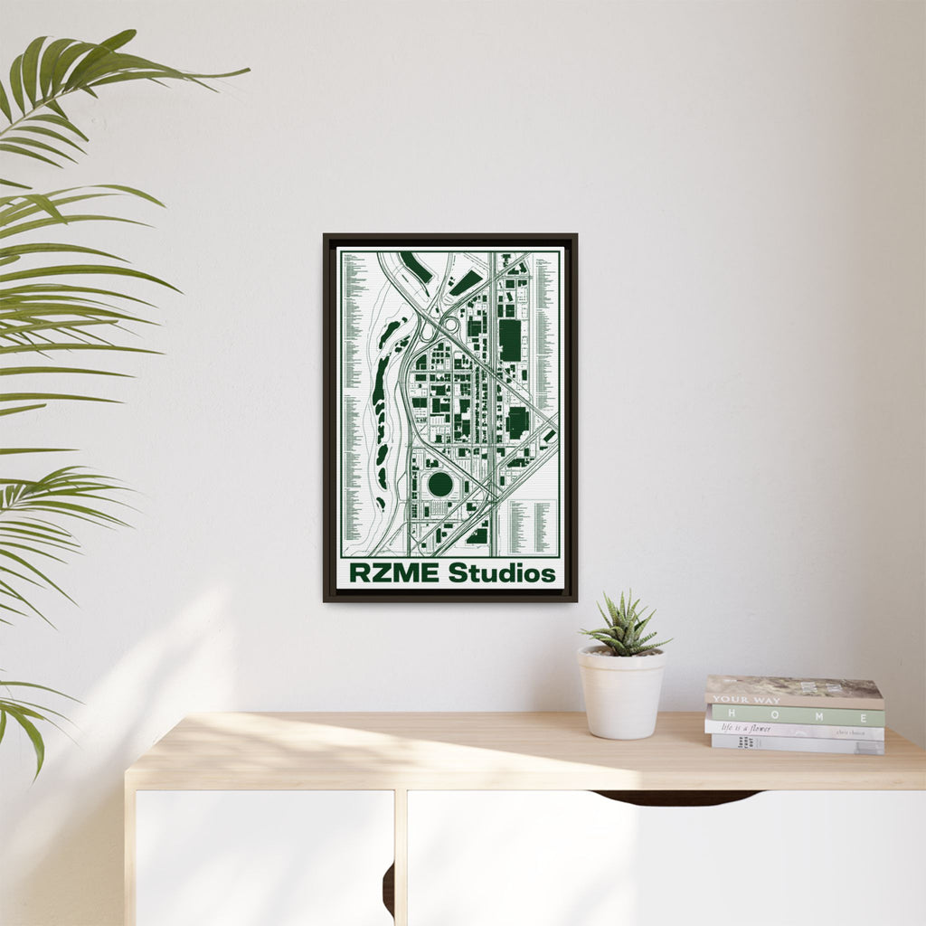 City Map Matte Canvas Framed Print — Minimal Green Urban Map Wall Art