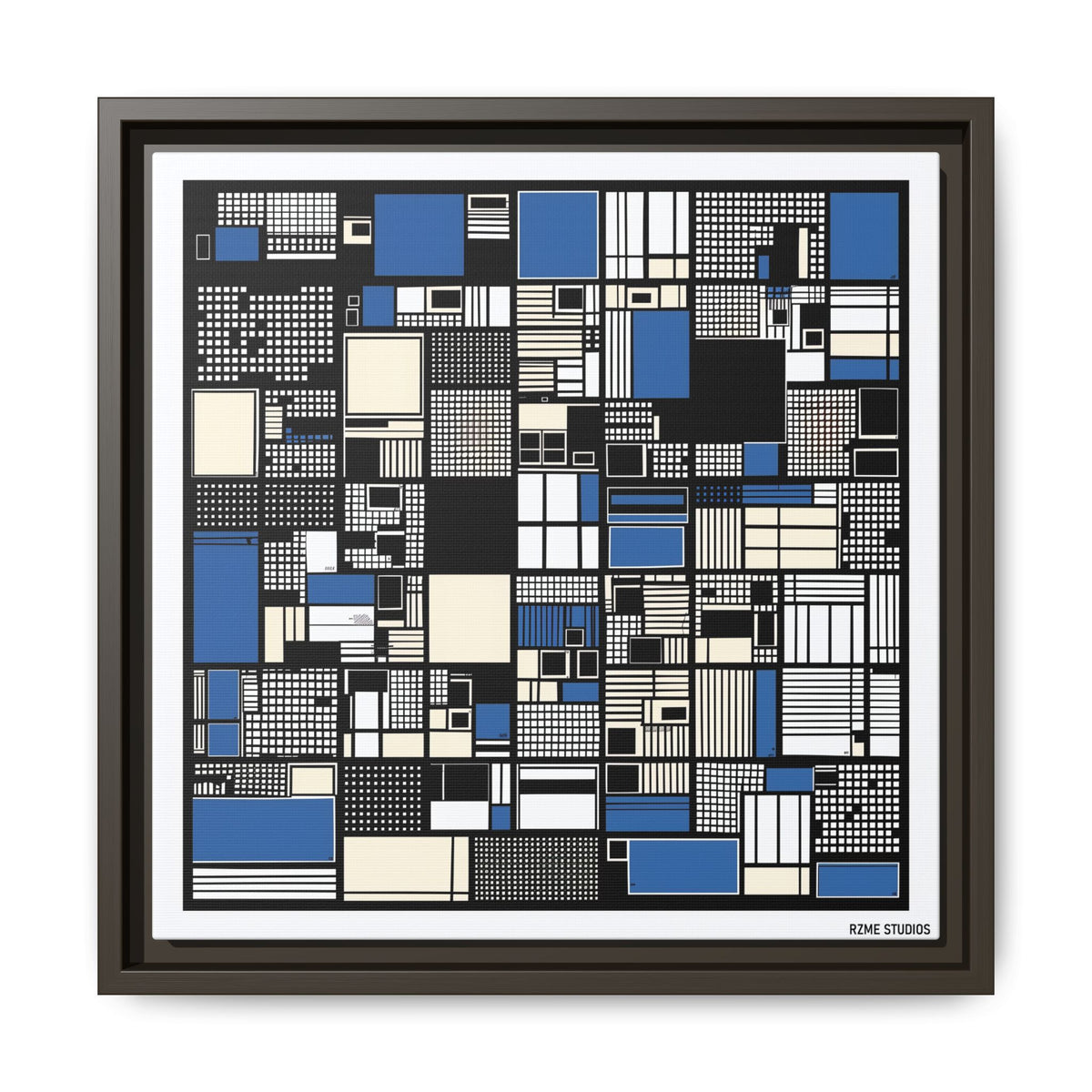 Modern Geometric Abstract Framed Canvas — Blue & Black Grid Art