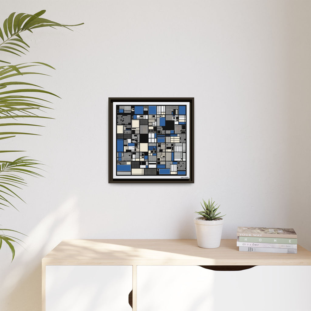 Modern Geometric Abstract Framed Canvas — Blue & Black Grid Art