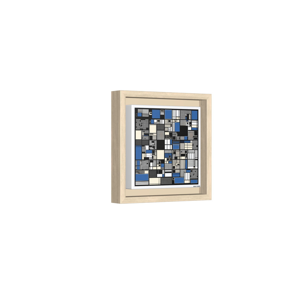 Modern Geometric Abstract Framed Canvas — Blue & Black Grid Art