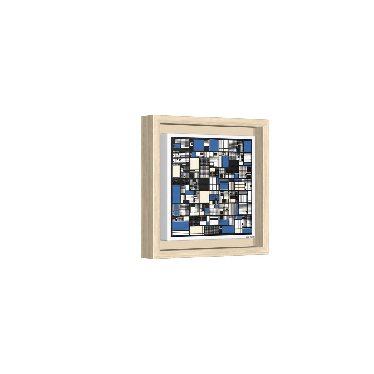 Modern Geometric Abstract Framed Canvas — Blue & Black Grid Art
