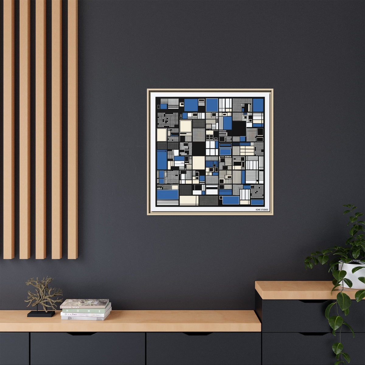 Modern Geometric Abstract Framed Canvas — Blue & Black Grid Art