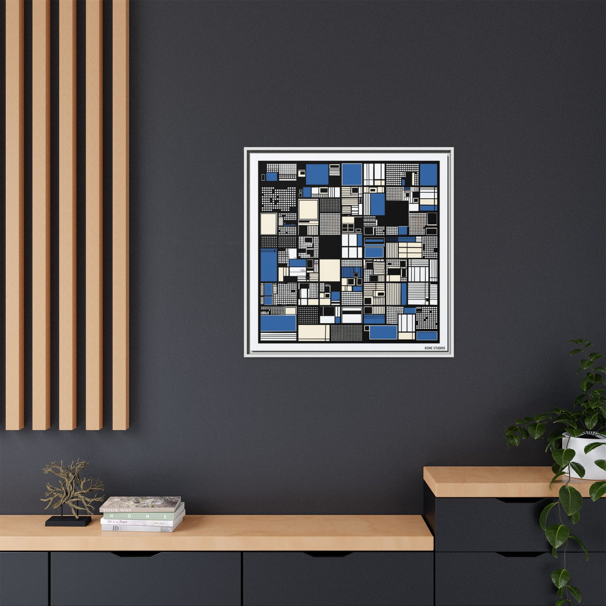 Modern Geometric Abstract Framed Canvas — Blue & Black Grid Art