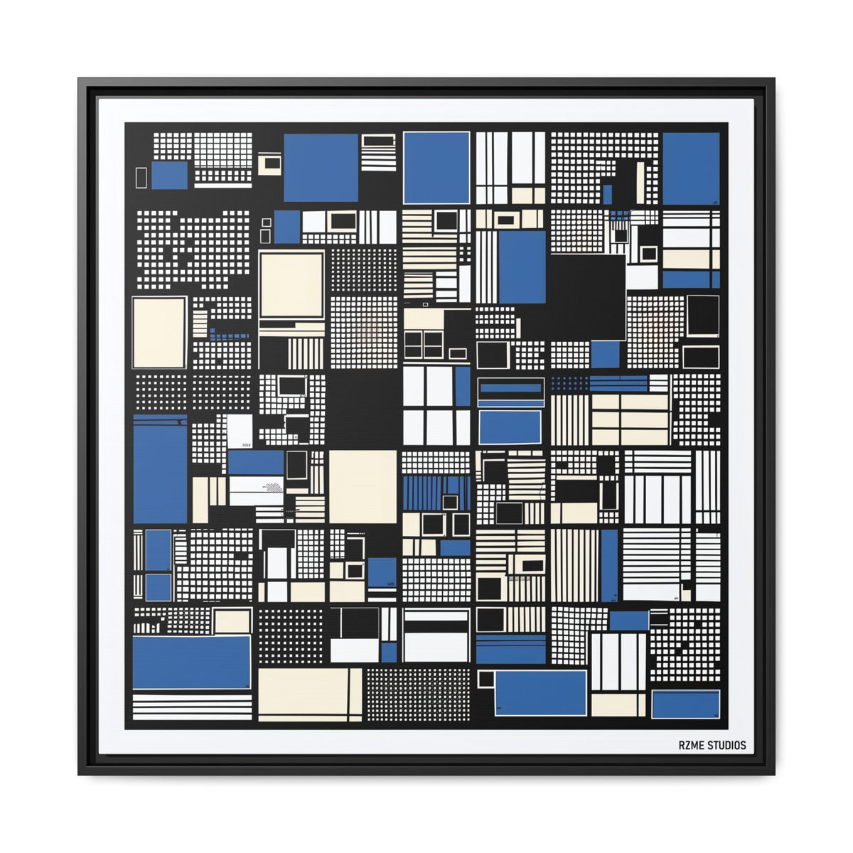 Modern Geometric Abstract Framed Canvas — Blue & Black Grid Art