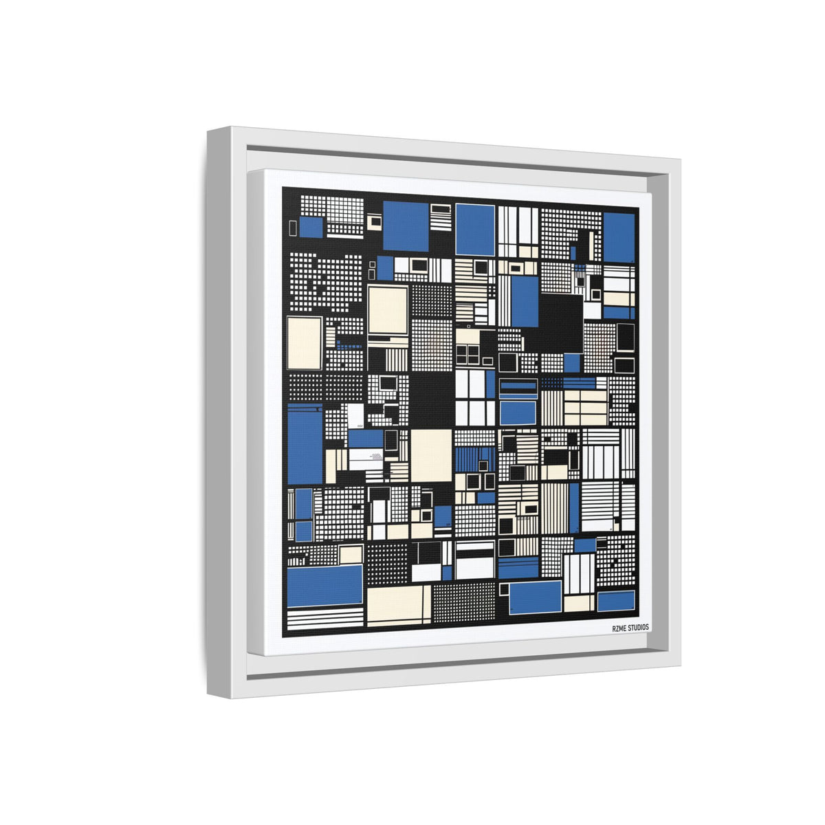 Modern Geometric Abstract Framed Canvas — Blue & Black Grid Art