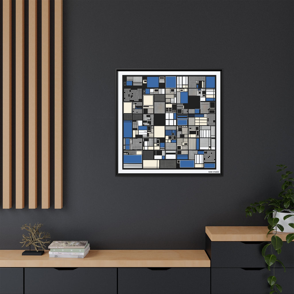 Modern Geometric Abstract Framed Canvas — Blue & Black Grid Art