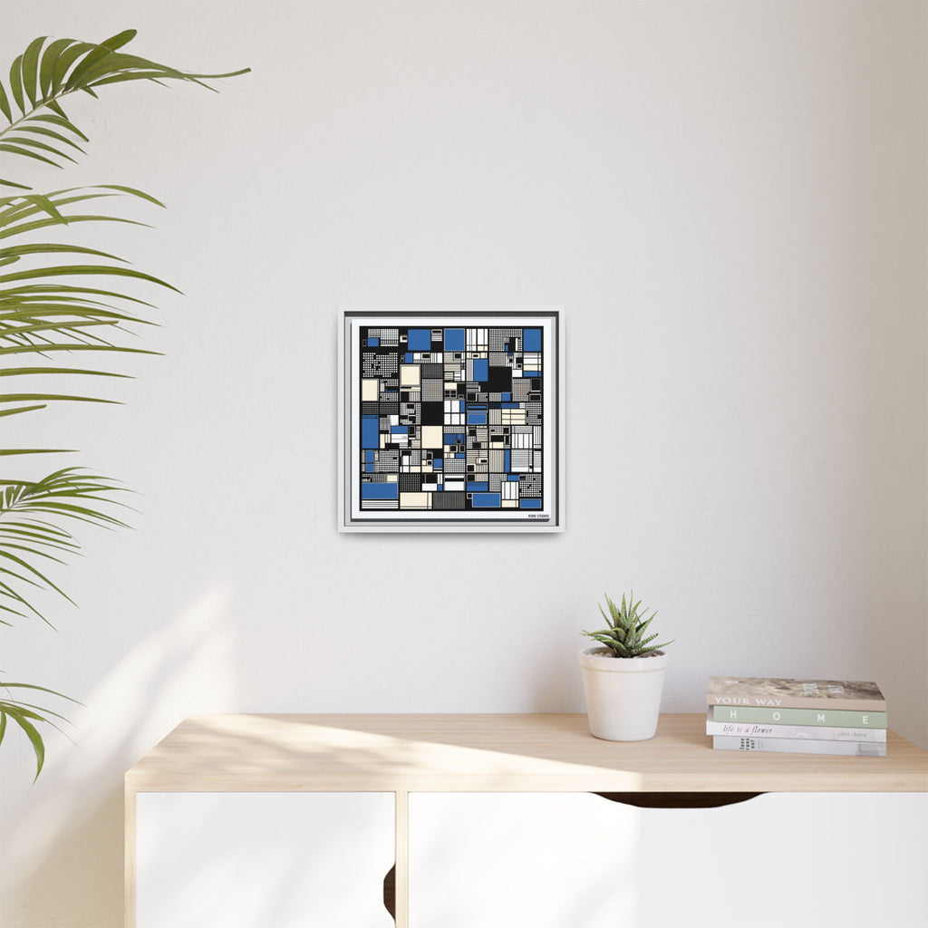 Modern Geometric Abstract Framed Canvas — Blue & Black Grid Art