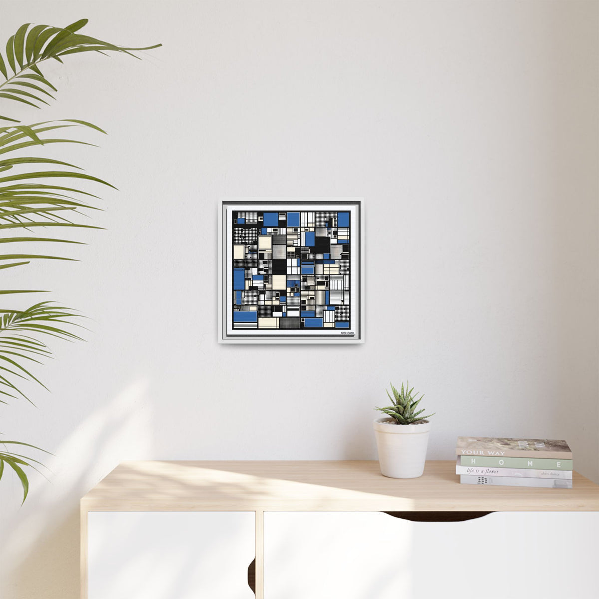 Modern Geometric Abstract Framed Canvas — Blue & Black Grid Art