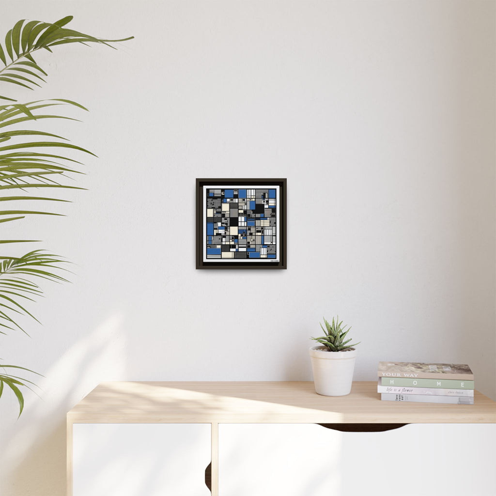 Modern Geometric Abstract Framed Canvas — Blue & Black Grid Art