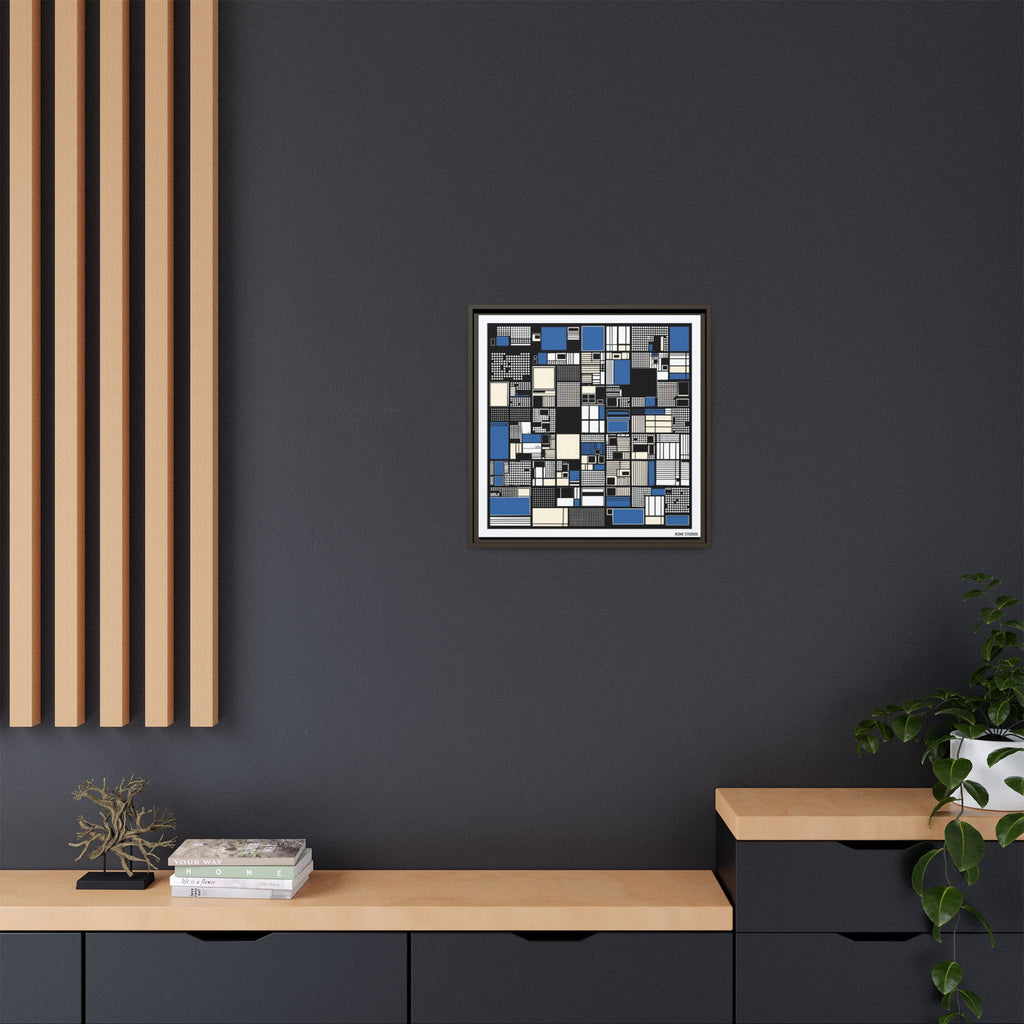 Modern Geometric Abstract Framed Canvas — Blue & Black Grid Art