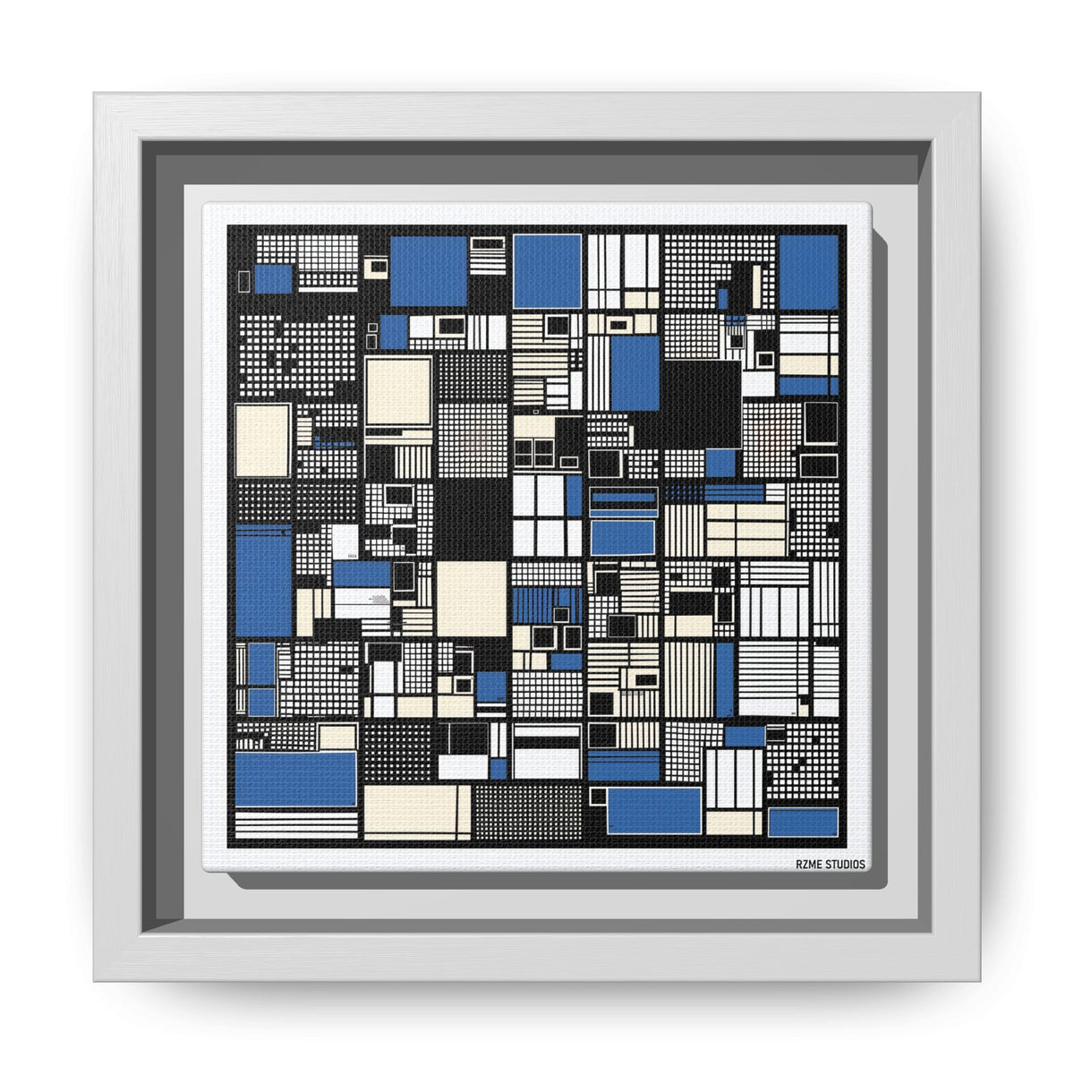 Modern Geometric Abstract Framed Canvas — Blue & Black Grid Art