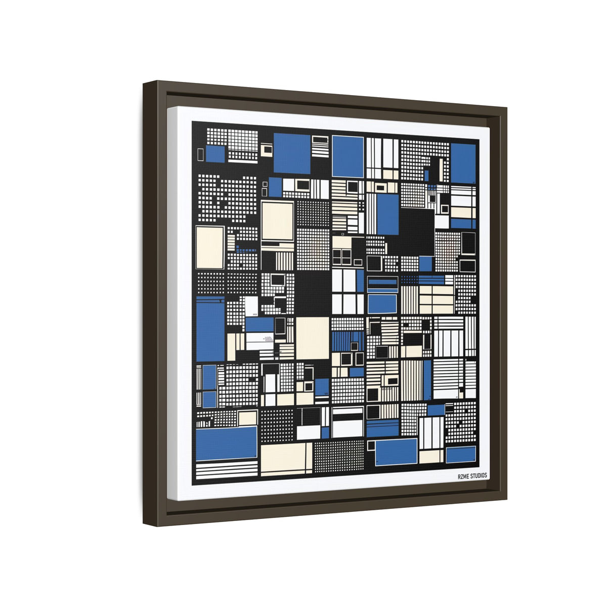 Modern Geometric Abstract Framed Canvas — Blue & Black Grid Art