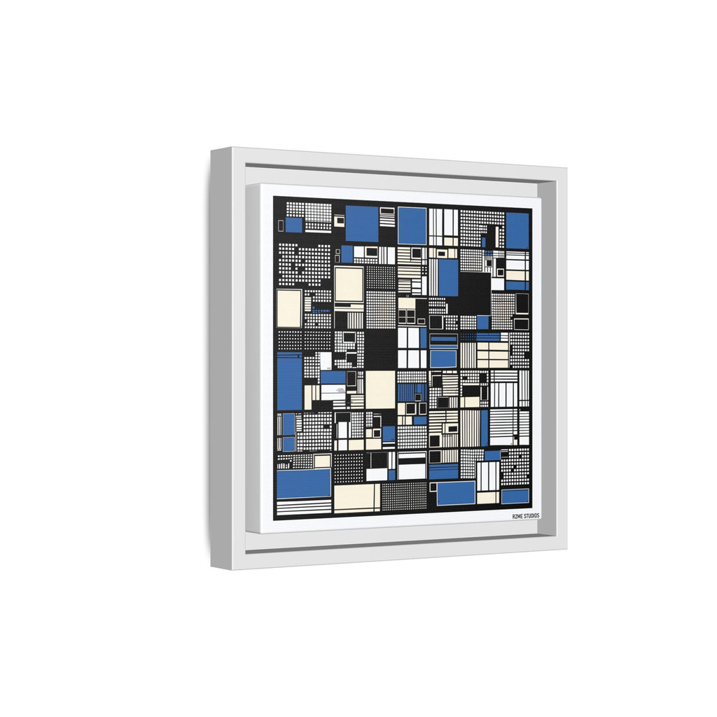 Modern Geometric Abstract Framed Canvas — Blue & Black Grid Art