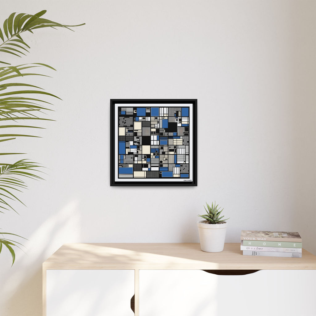 Modern Geometric Abstract Framed Canvas — Blue & Black Grid Art