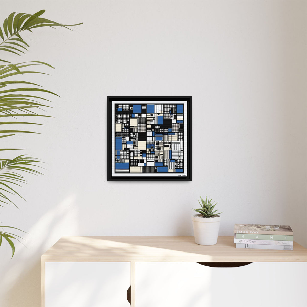 Modern Geometric Abstract Framed Canvas — Blue & Black Grid Art