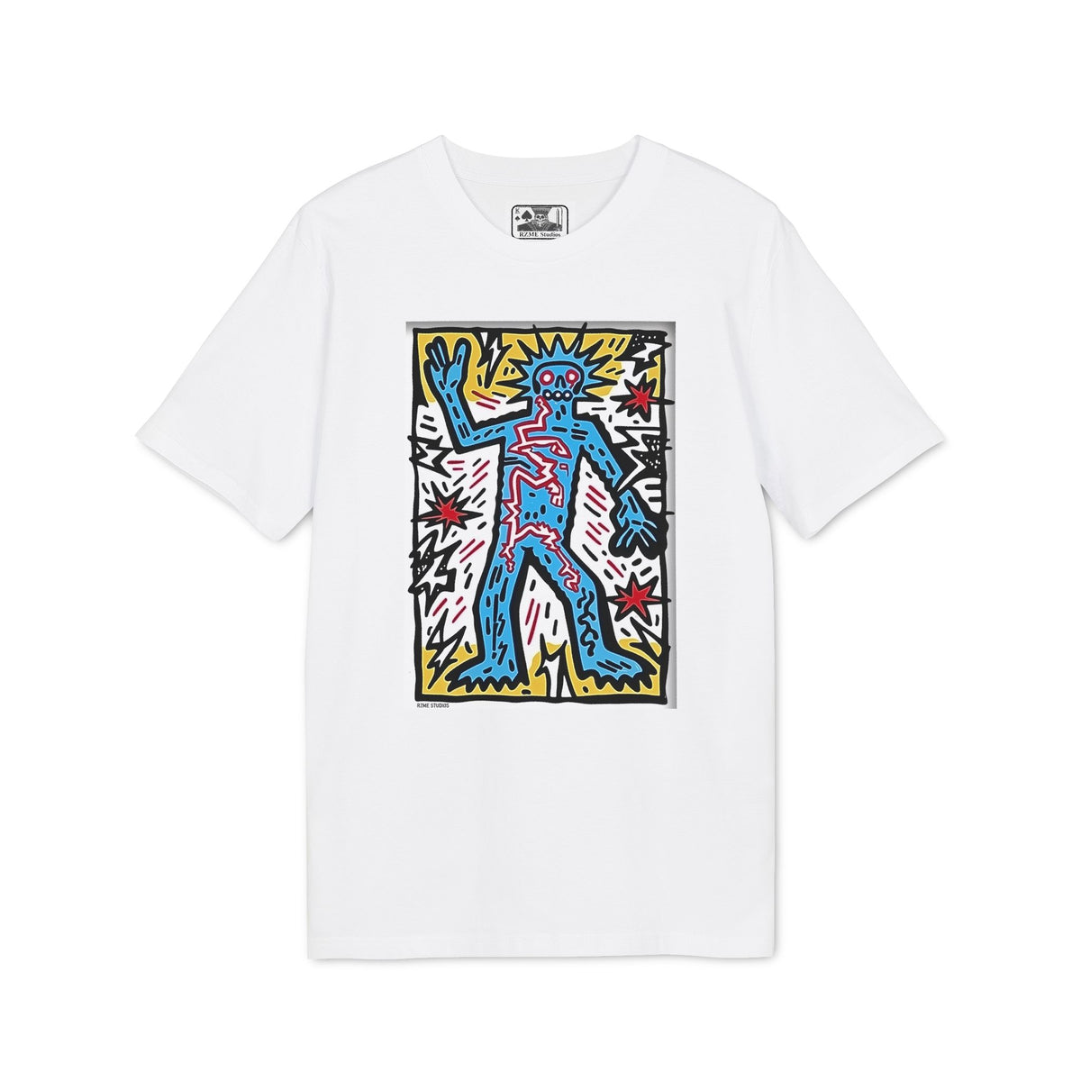 Keith Haring Style Pop Art T‑Shirt — Blue Dancing Figure Graphic Tee