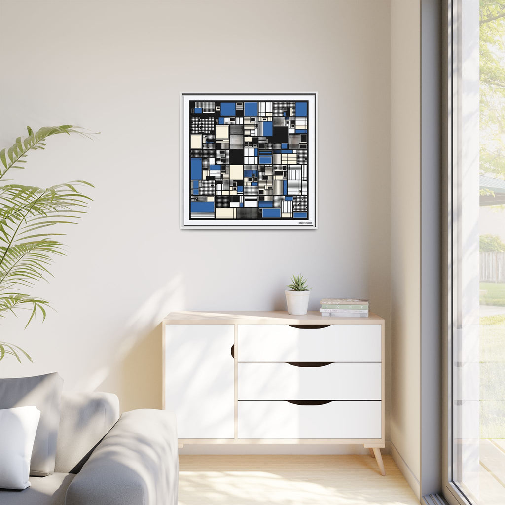 Modern Geometric Abstract Framed Canvas — Blue & Black Grid Art