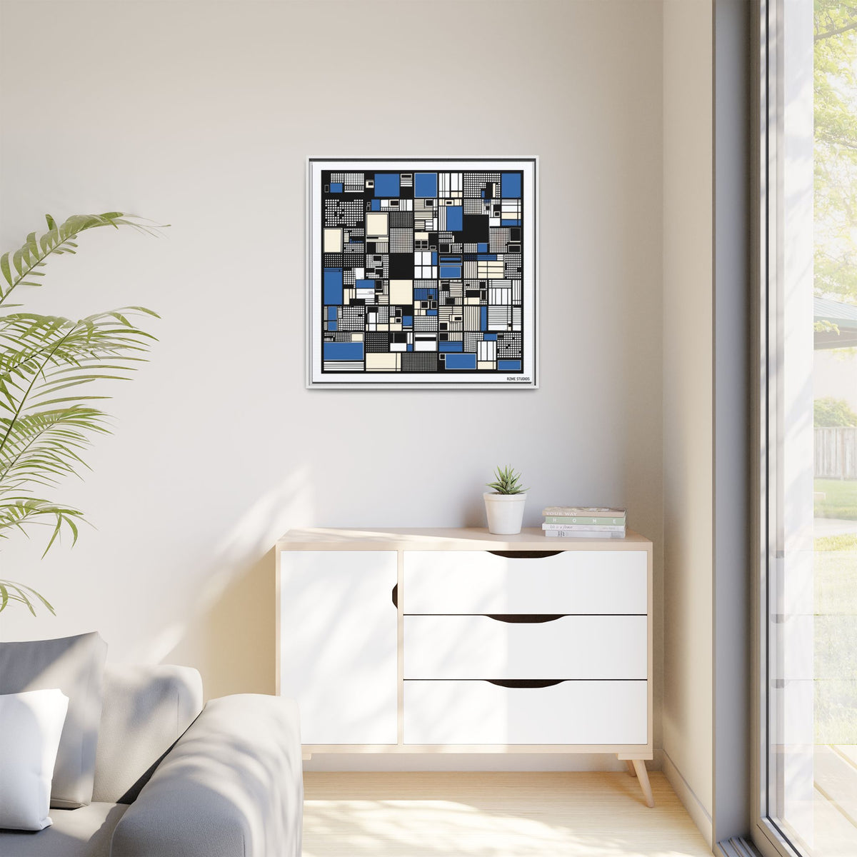 Modern Geometric Abstract Framed Canvas — Blue & Black Grid Art