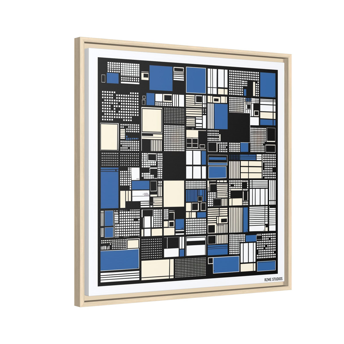 Modern Geometric Abstract Framed Canvas — Blue & Black Grid Art