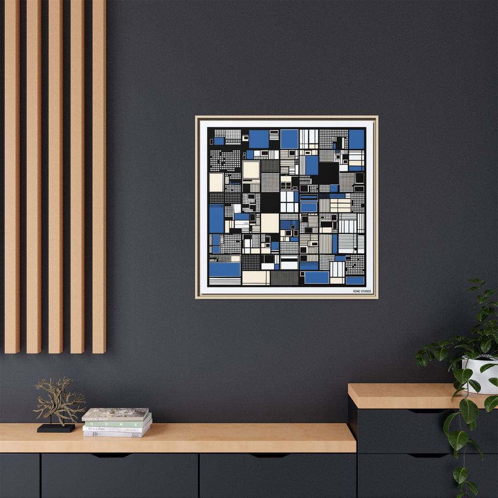 Modern Geometric Abstract Framed Canvas — Blue & Black Grid Art