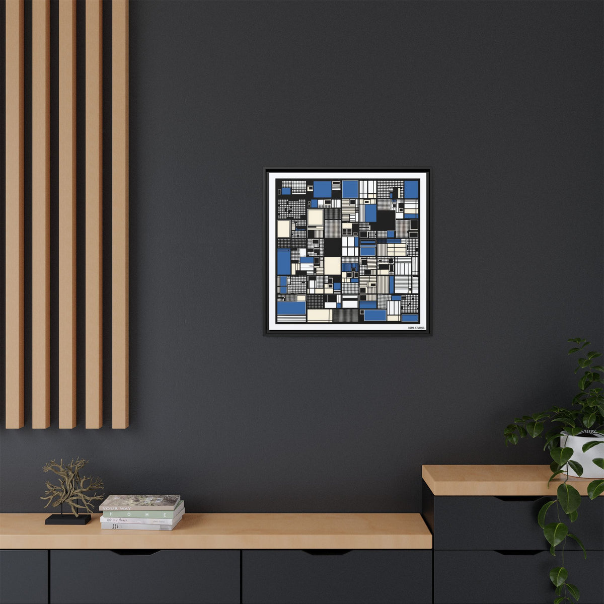 Modern Geometric Abstract Framed Canvas — Blue & Black Grid Art