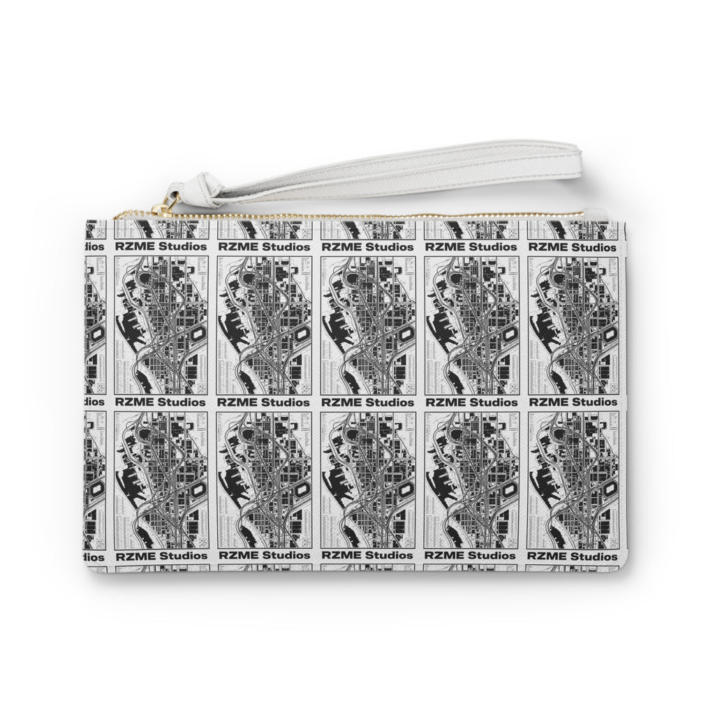 Clutch Bag — Monochrome Vintage Map Pattern Wristlet (RZME Studios)