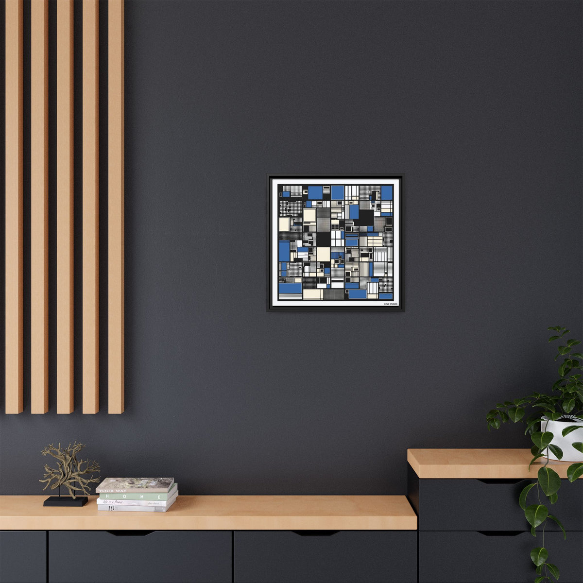 Modern Geometric Abstract Framed Canvas — Blue & Black Grid Art