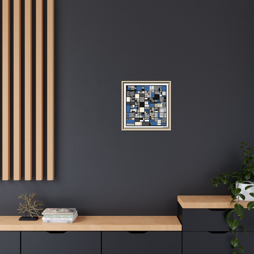 Modern Geometric Abstract Framed Canvas — Blue & Black Grid Art