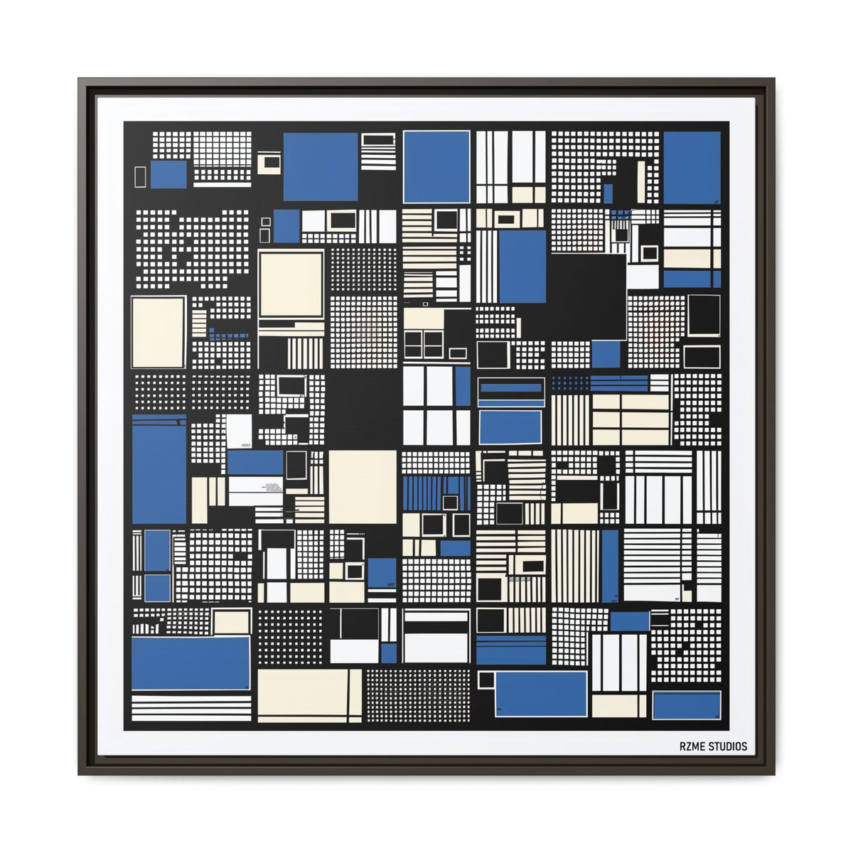 Modern Geometric Abstract Framed Canvas — Blue & Black Grid Art