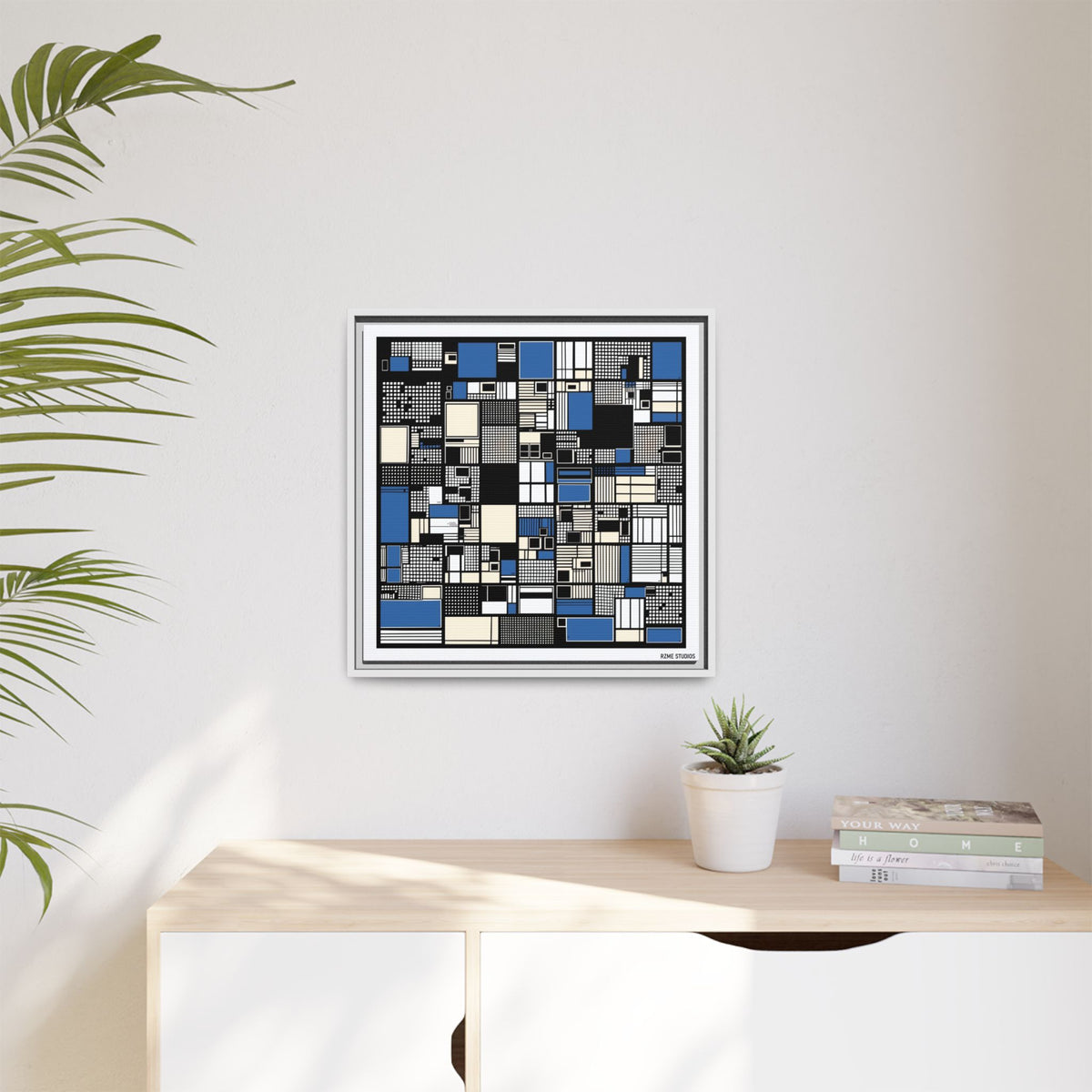 Modern Geometric Abstract Framed Canvas — Blue & Black Grid Art