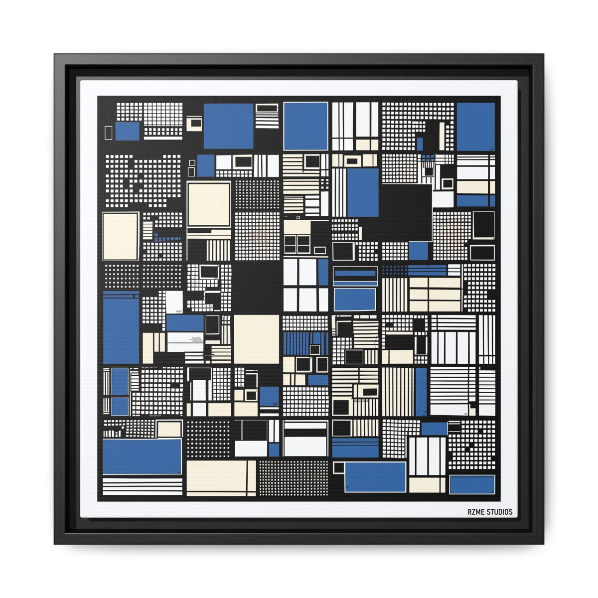 Modern Geometric Abstract Framed Canvas — Blue & Black Grid Art