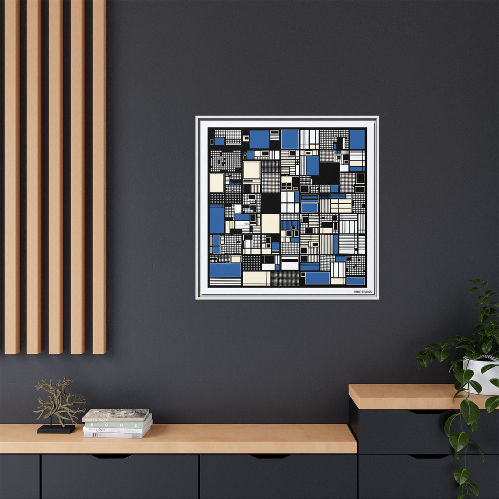 Modern Geometric Abstract Framed Canvas — Blue & Black Grid Art