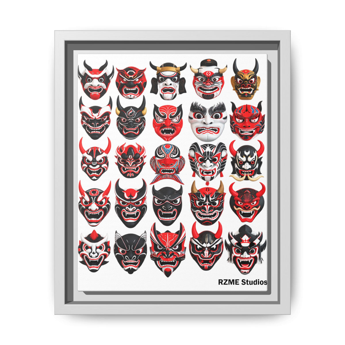 Framed Matte Canvas Print — Japanese Oni Mask Collage (RZME Studios)