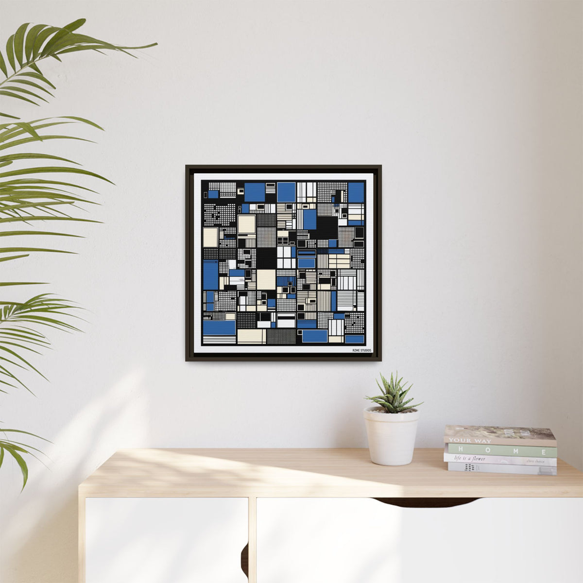 Modern Geometric Abstract Framed Canvas — Blue & Black Grid Art