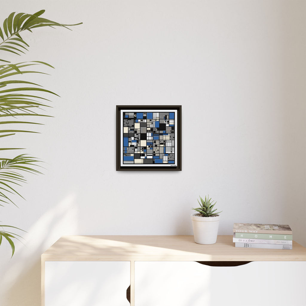Modern Geometric Abstract Framed Canvas — Blue & Black Grid Art