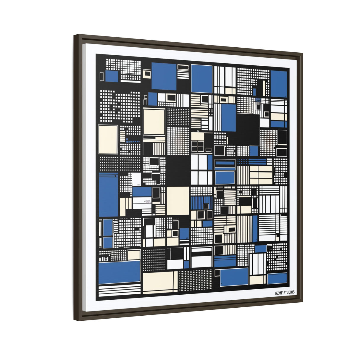 Modern Geometric Abstract Framed Canvas — Blue & Black Grid Art
