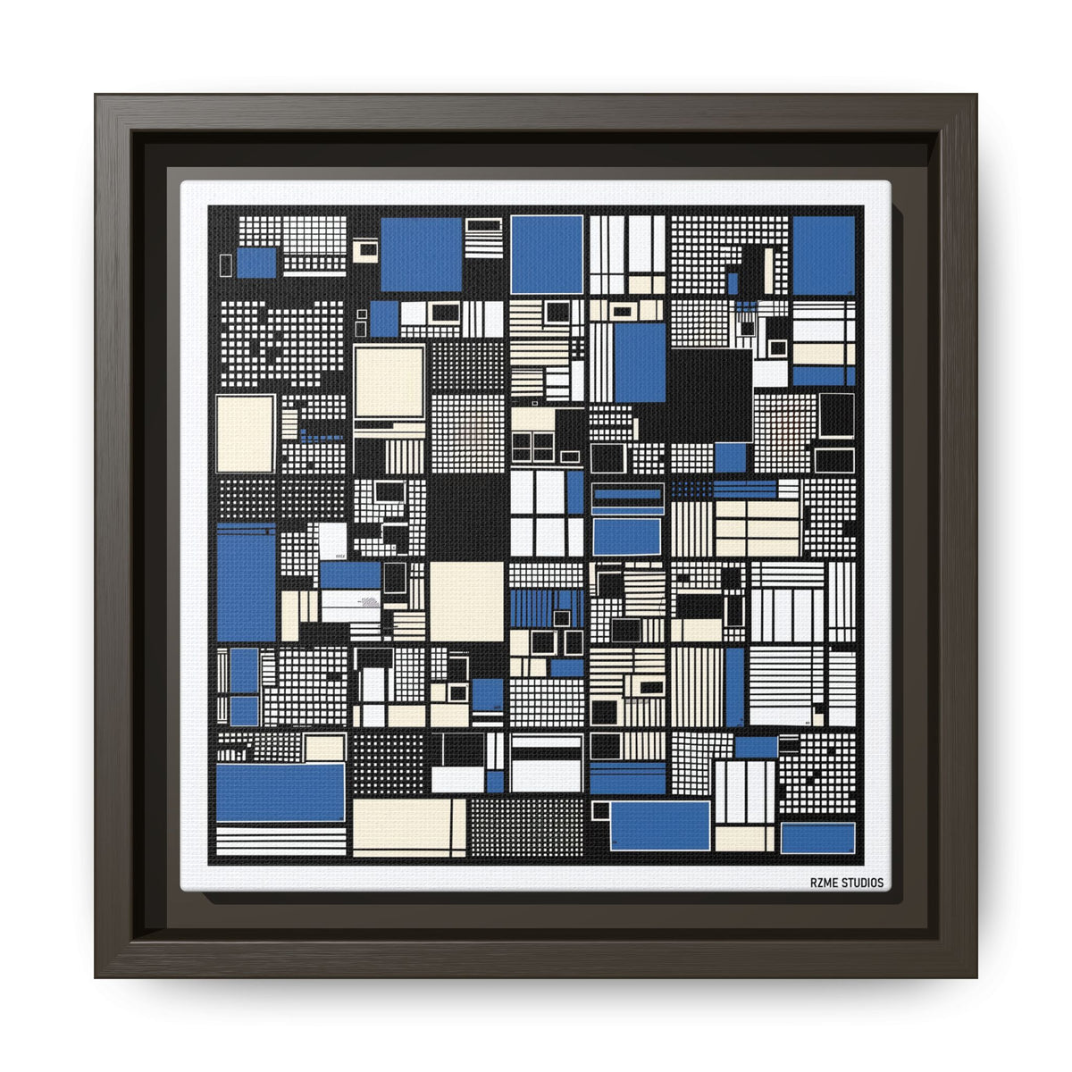 Modern Geometric Abstract Framed Canvas — Blue & Black Grid Art