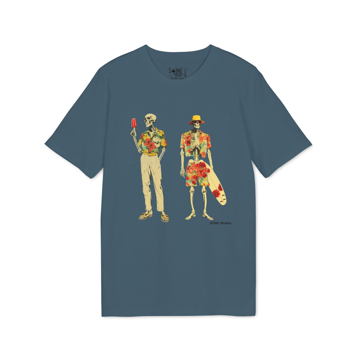 Skeleton Summer Tee – Tropical Skeletons with Popsicle & Skateboard Graphic T-Shirt