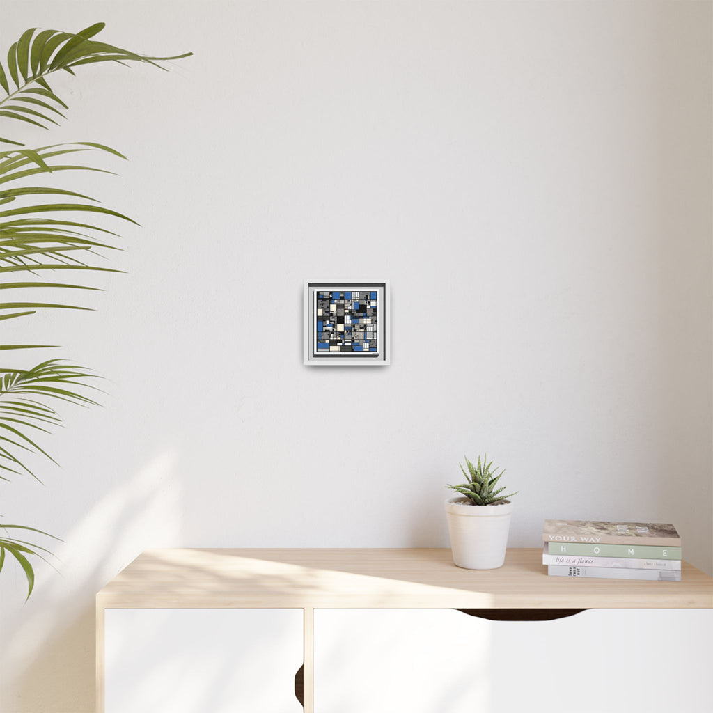 Modern Geometric Abstract Framed Canvas — Blue & Black Grid Art