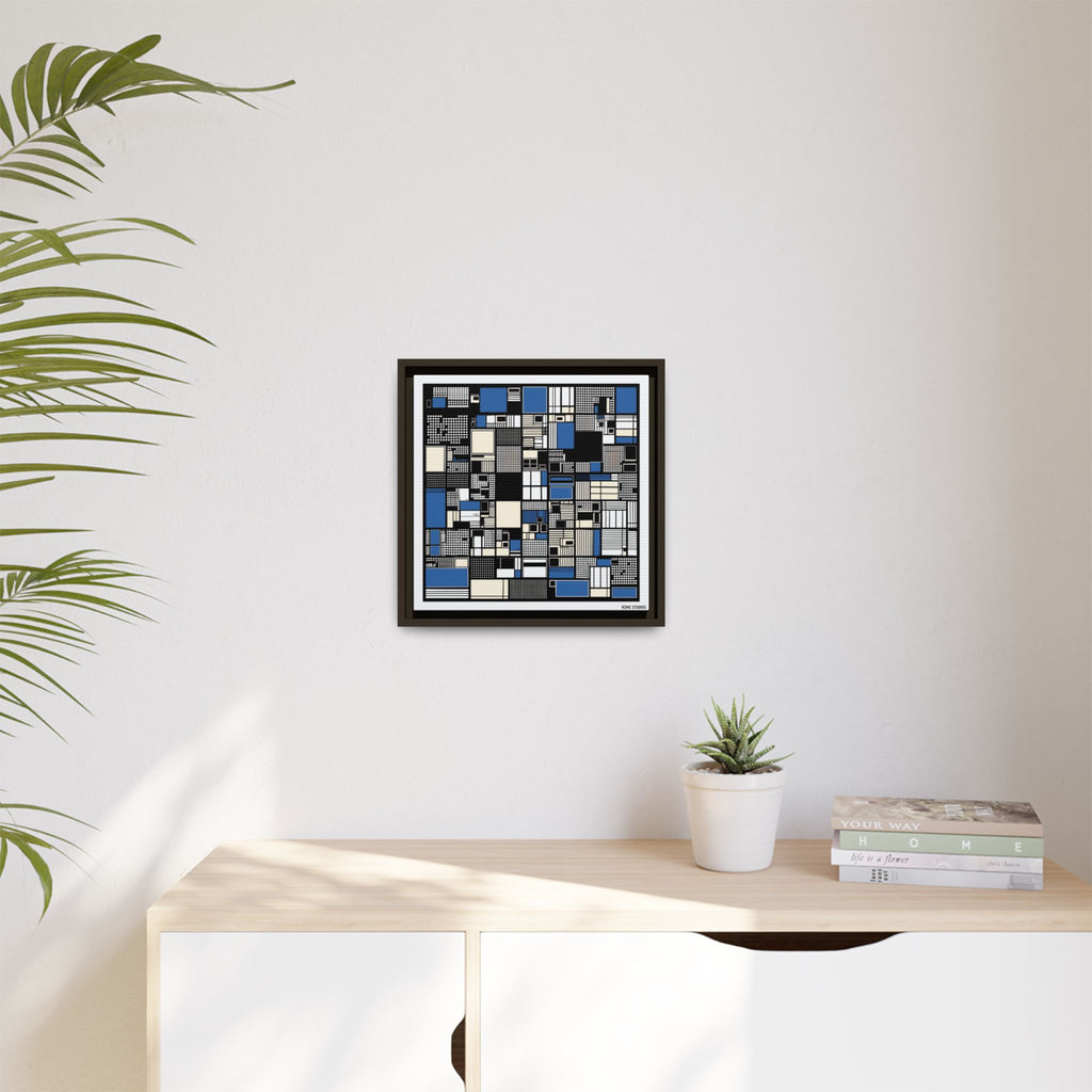 Modern Geometric Abstract Framed Canvas — Blue & Black Grid Art