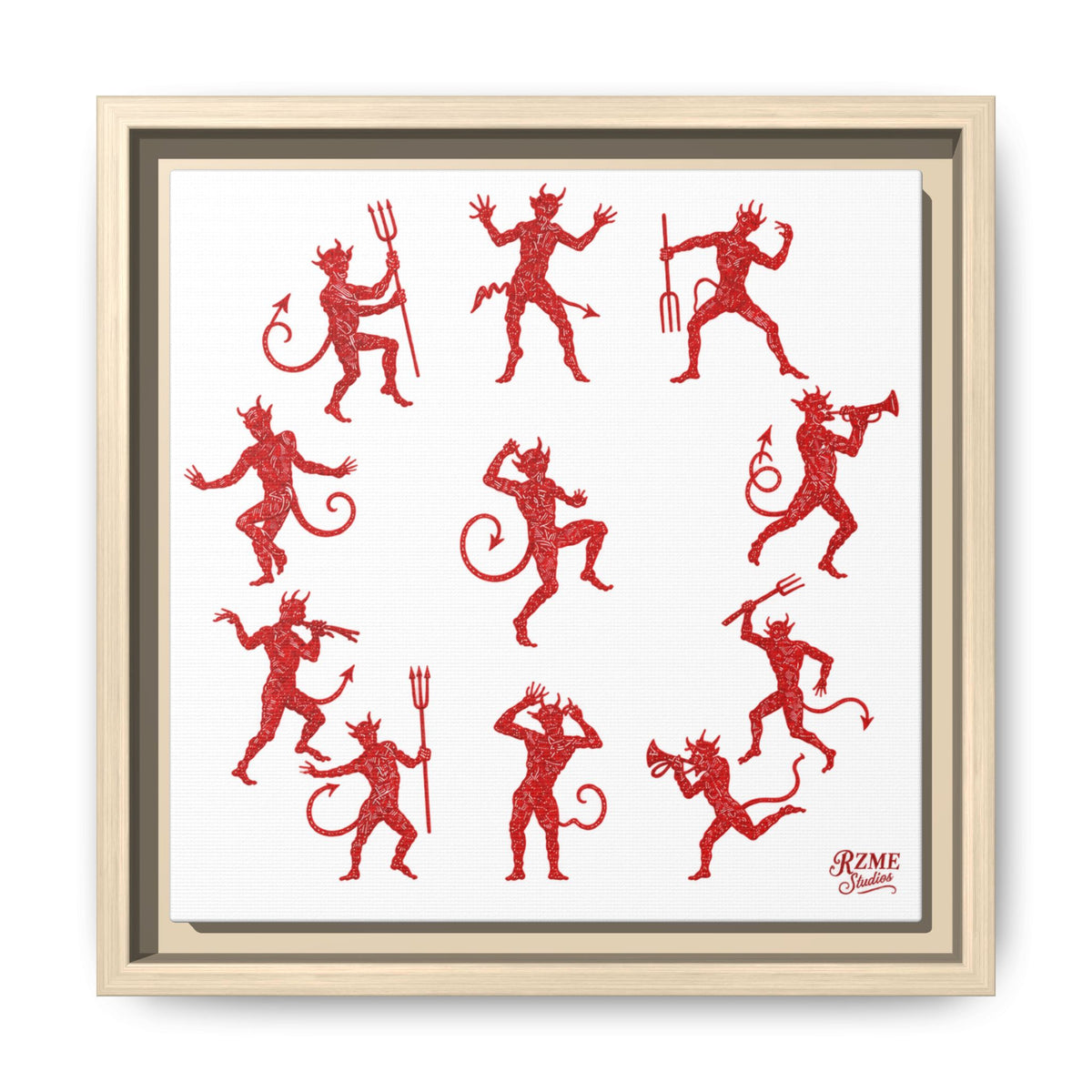 Red Devil Pattern Framed Canvas Art — Playful Halloween Wall Decor