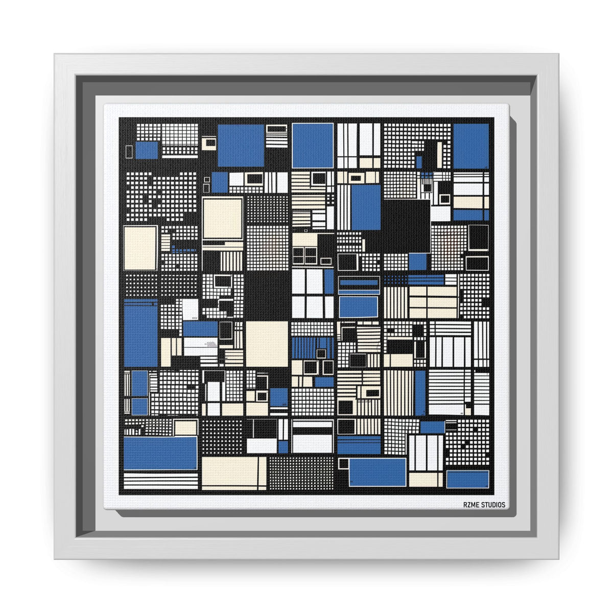 Modern Geometric Abstract Framed Canvas — Blue & Black Grid Art