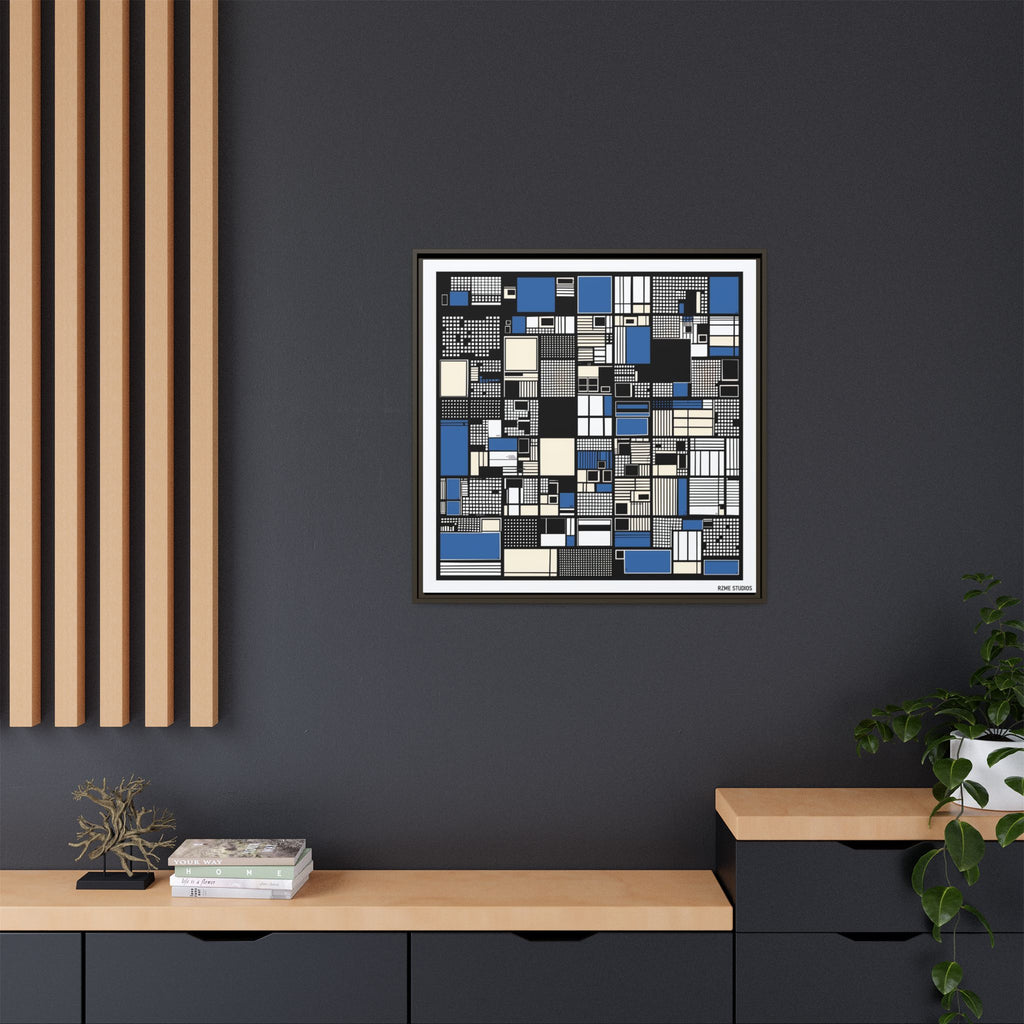 Modern Geometric Abstract Framed Canvas — Blue & Black Grid Art